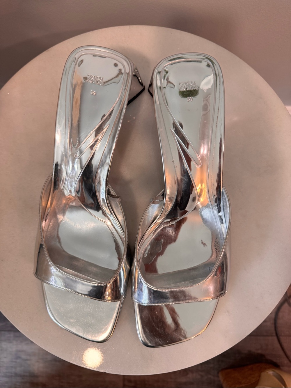 Zara Silver Metallic Open-Toe Block Heel Mules - Picture 7 of 12